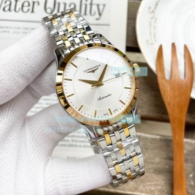 Hot Sale Replica Longines Watch Silver Gray Dial 2-Tone Yellow Gold Strap Yellow Gold Bezel Men's Watch 40mm